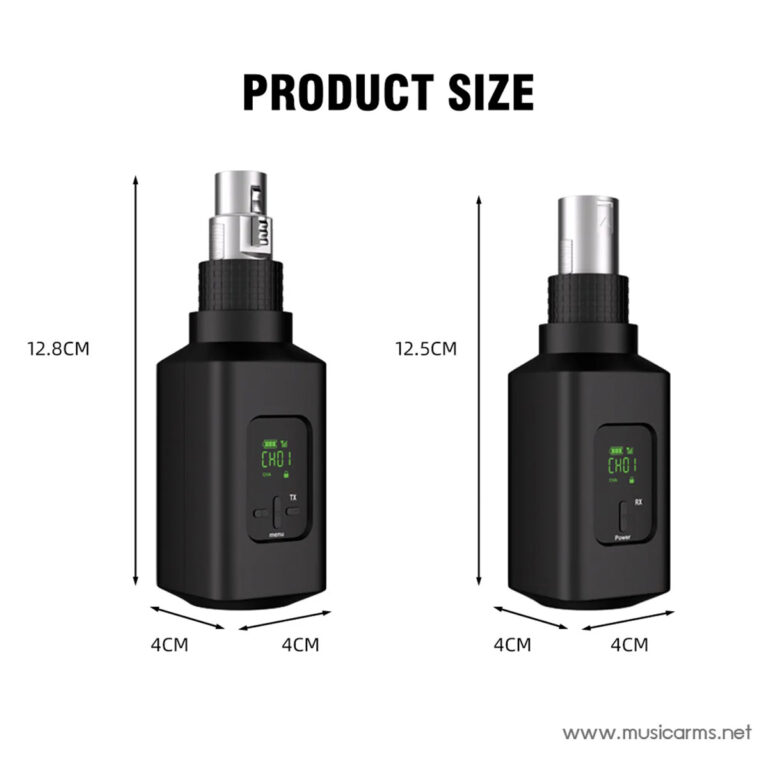 Product size diagram showing two black vape mods with 4 cm square bases; heights 12.8 cm and 12.5 cm, labeled PRODUCT SIZE. ขายราคาพิเศษ