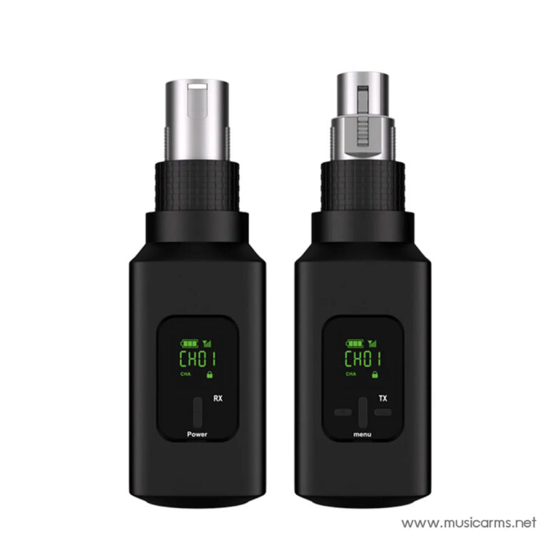 Pair of black wireless microphone receivers with green LCDs showing channel 01 and battery icons (left: RX, right: TX). ขายราคาพิเศษ