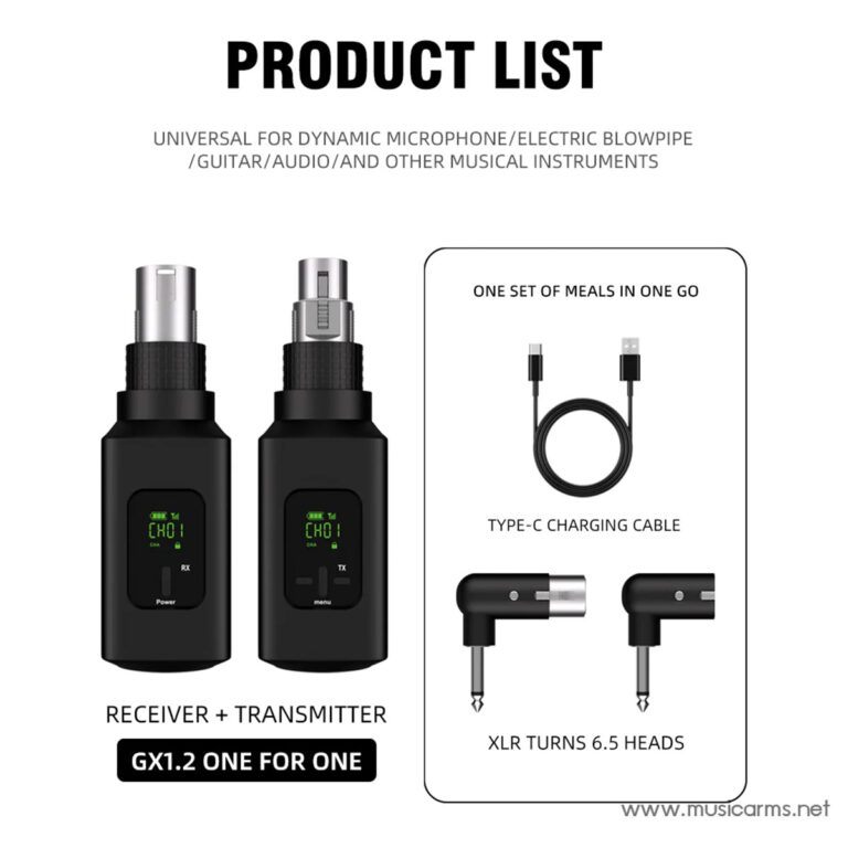 GX1.2 dual wireless receiver and transmitter with USB-C charging cable and XLR heads included (one-for-one kit). ขายราคาพิเศษ