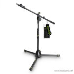 Product image of a black adjustable tripod microphone stand with a boom arm and a hanging tag. ลดราคาพิเศษ