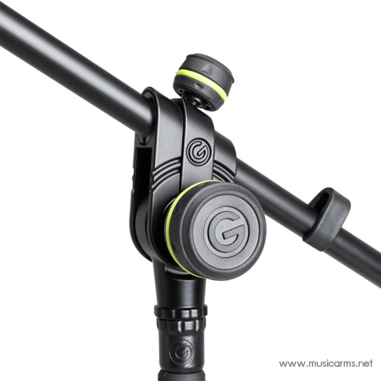 Close-up of a black adjustable mic stand arm joint with lime-green accents, showing the pivot and clamp. ขายราคาพิเศษ