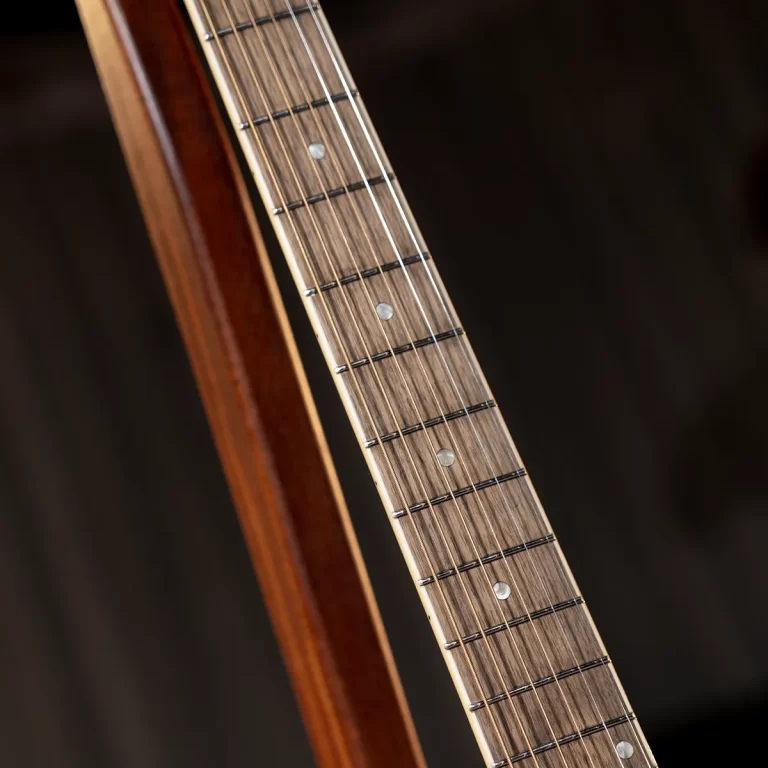 Close-up of a guitar neck showing frets and fret markers on wood surface against a dark background. ขายราคาพิเศษ