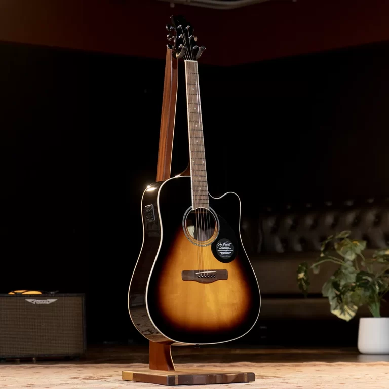 Sunburst acoustic guitar on a wooden stand spotlight on a stage with an amp and plant nearby ขายราคาพิเศษ