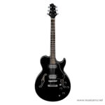 Black semi-hollow electric guitar with two f-holes and chrome hardware. ลดราคาพิเศษ