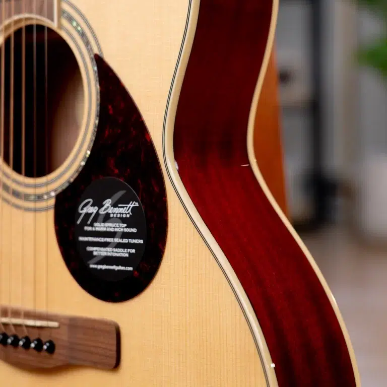 Close-up of an acoustic guitar showing the soundhole, light wood top, tortoiseshell pickguard, and red side/back detail. ขายราคาพิเศษ