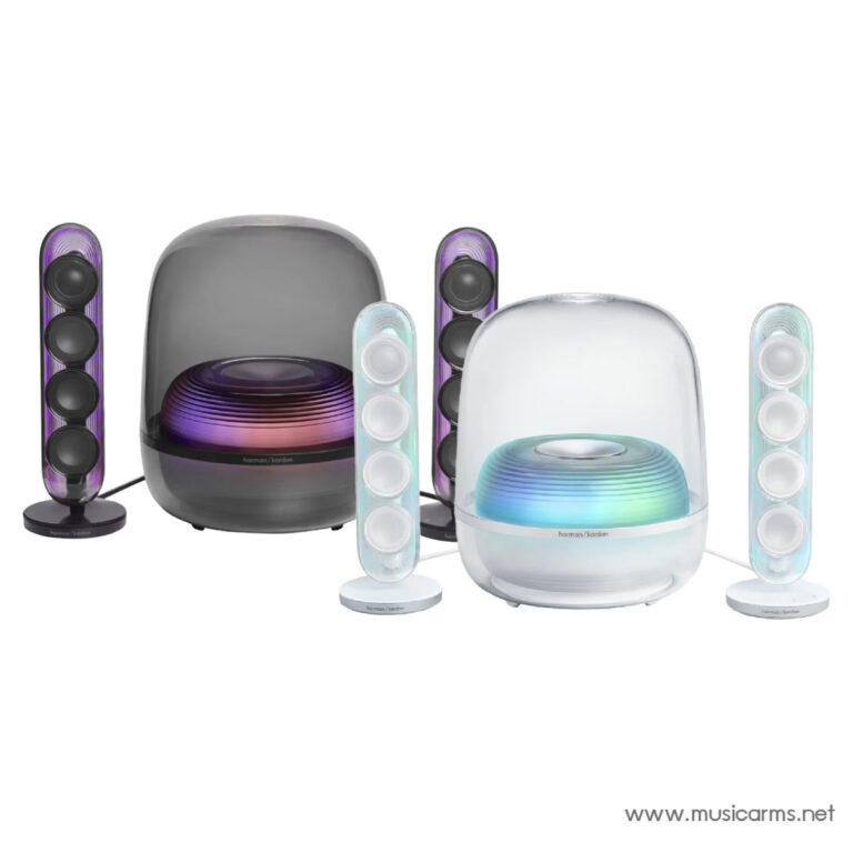 Harman/Kardon wireless speaker system with two glowing dome subwoofers and four RGB-lit satellite speakers. ขายราคาพิเศษ