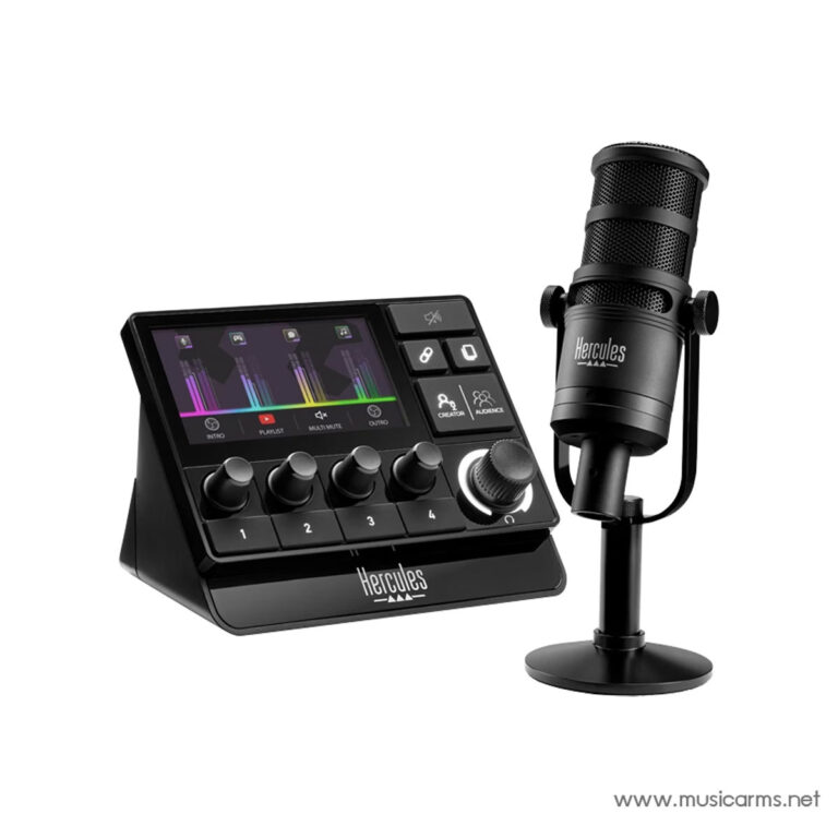 USB microphone with adjustable stand next to a compact digital audio interface with a touchscreen display, for recording or streaming. ขายราคาพิเศษ