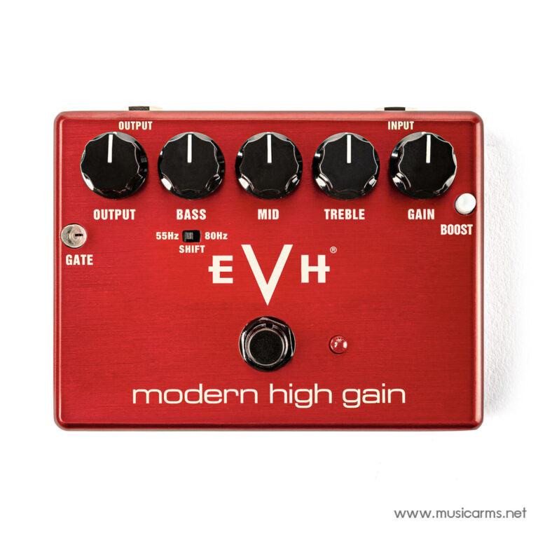Red EVH Modern High Gain guitar effects pedal with five black knobs (Output, Bass, Mid, Treble, Gain), footswitch, and logo text. ขายราคาพิเศษ