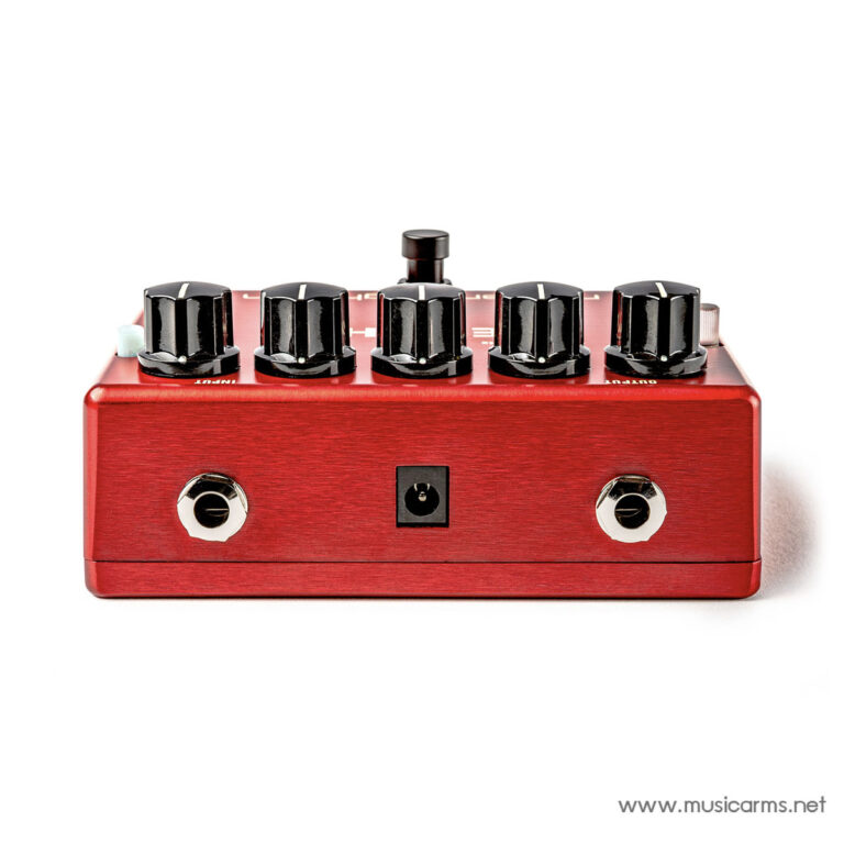 Red guitar effects pedal with five black knobs and input/output jacks on a white background ขายราคาพิเศษ