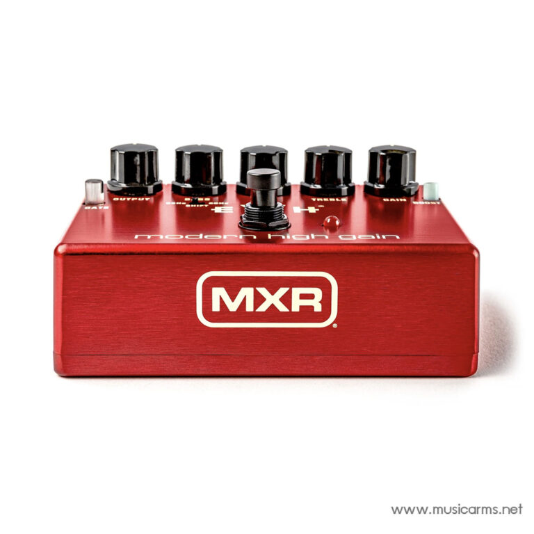 Red MXR Modern High Gain guitar effects pedal with five black knobs, a central footswitch, and the MXR logo visible on the side. ขายราคาพิเศษ