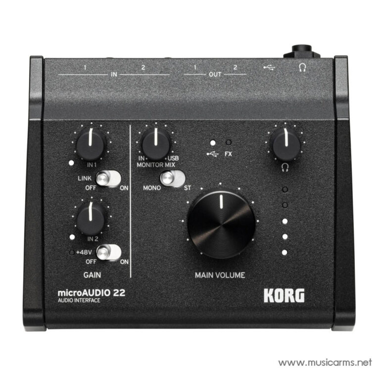 KORG microAUDIO 22 USB audio interface front panel with gain knobs and large main volume knob (black hardware). ขายราคาพิเศษ