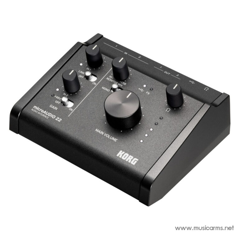 Compact KORG microAUDIO 22 USB audio interface with two inputs, gain knobs, and a large main volume knob on a black metal chassis. ขายราคาพิเศษ