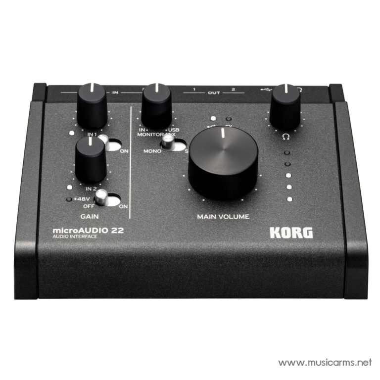 Korg microAUDIO 22 USB audio interface front panel with main volume knob and input gain knobs (In 1, In 2) labeled on the surface, black metal finish, www.musicarms.net text visible in corner ขายราคาพิเศษ