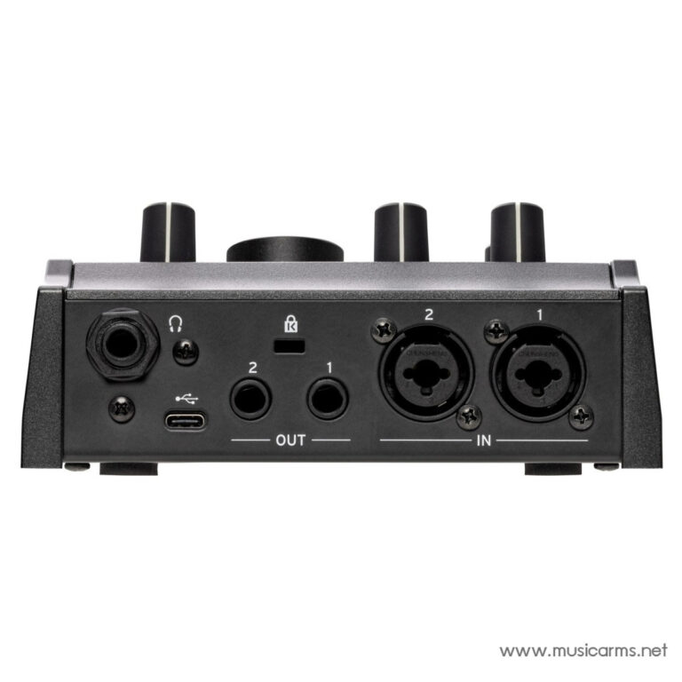 Rear view of a compact audio interface showing two inputs (IN 1/2), two outputs (OUT), a USB-C port, headphones jack, and power/lock indicators on the panel. ขายราคาพิเศษ