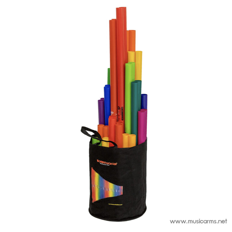 Black bag filled with tall colorful Boomwhackers tubes standing upright, ready to play. (boomwhackers in rainbow colors in a black tote) ขายราคาพิเศษ