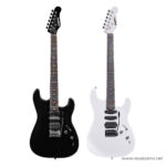 Two solid‑body electric guitars, black left and white right, with rainbow fretboard inlays and tremolo bridges, shown side by side on white background. ลดราคาพิเศษ