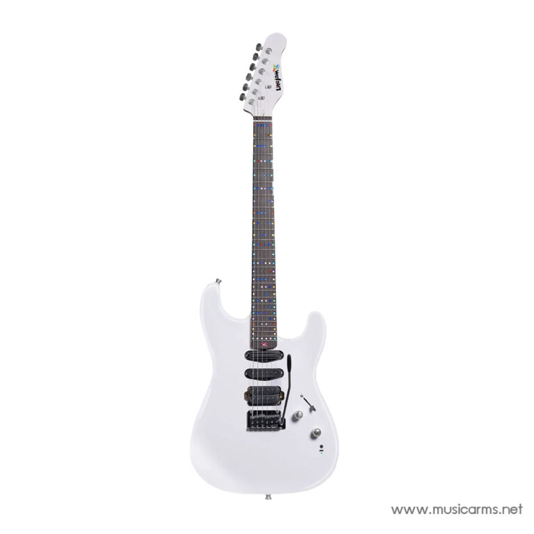 White solid-body electric guitar with a dark fretboard featuring multicolored LED fret markers, chrome hardware, and a tremolo bridge. ขายราคาพิเศษ