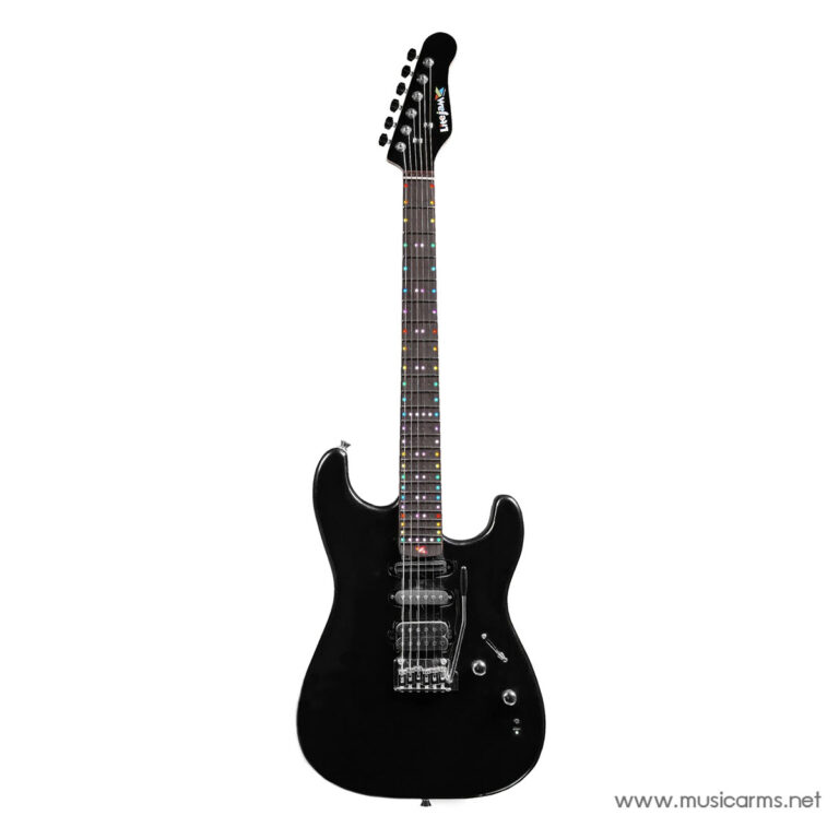 Black solid-body electric guitar with rainbow dot fret markers and a tremolo bridge. ขายราคาพิเศษ