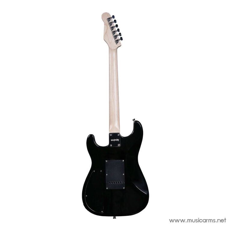 Back view of a black electric guitar with a natural wood neck and headstock, showing the rear control cavity cover and body contour ขายราคาพิเศษ