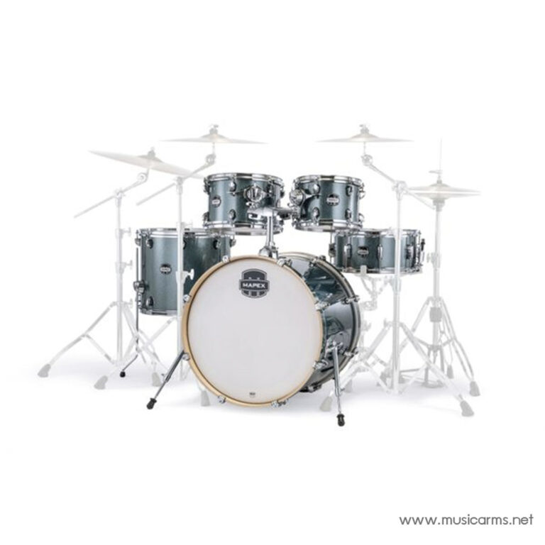 Full drum kit on a white backdrop: bass drum and toms with cymbals on stands ready to play ขายราคาพิเศษ