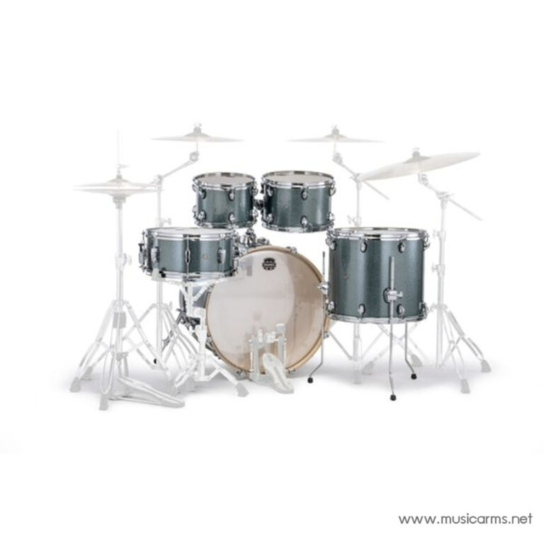 Full drum kit with bass drum, two rack toms, a floor tom, a snare, and cymbals on stands set against a white background while displaying a drum throne and pedals. ขายราคาพิเศษ