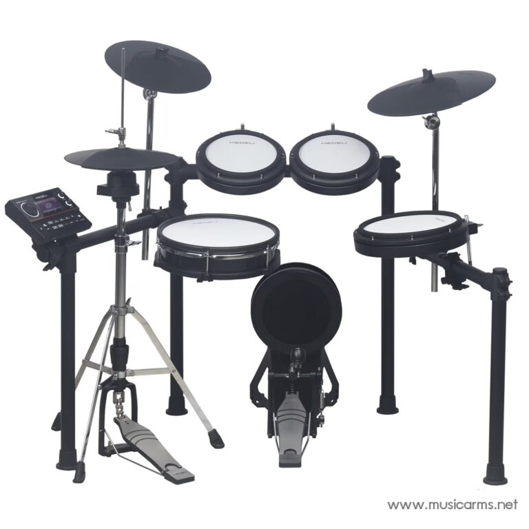 Electronic electronic drum kit with multiple pad modules, cymbals, and a drum module on a stand, viewed from front-left. ขายราคาพิเศษ