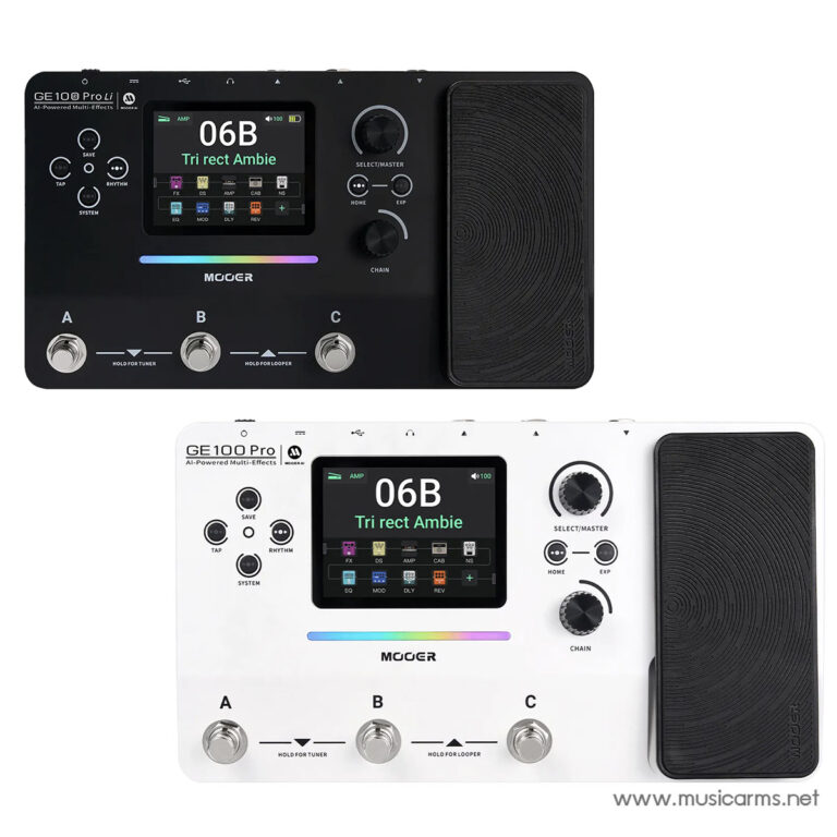 Two Mooer GE100 Pro multi-effects guitar pedals, one black and one white, with a center touchscreen and large right-side expression pedal. ขายราคาพิเศษ