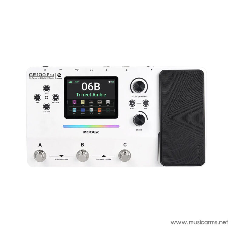 White guitar multi-effects pedal (GE100 Pro) with a color touchscreen, three footswitches labeled A, B, C, and a large black expression pedal on the right. ขายราคาพิเศษ