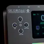 Close-up of a GE100 Pro Li AI-Powered Multi-Effects guitar effects processor panel with TAP, RHYTHM, SAVE, and SYSTEM buttons and part of the colorful display screen showing FX icons. ขายราคาพิเศษ