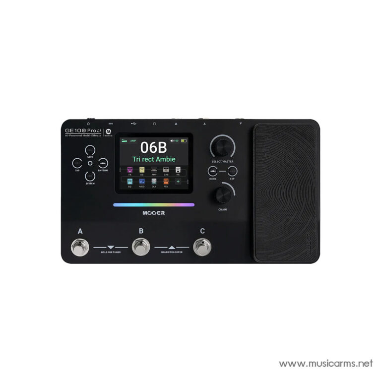 MOOER GE10 Pro Li guitar multi‑effects pedal with three footswitches, color LCD screen, and expression pedal on the right ขายราคาพิเศษ