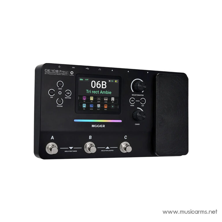 Guitar multi-effects pedal with a central color display, three footswitches labeled A, B, and C, and a built-in expression pedal on the right. ขายราคาพิเศษ