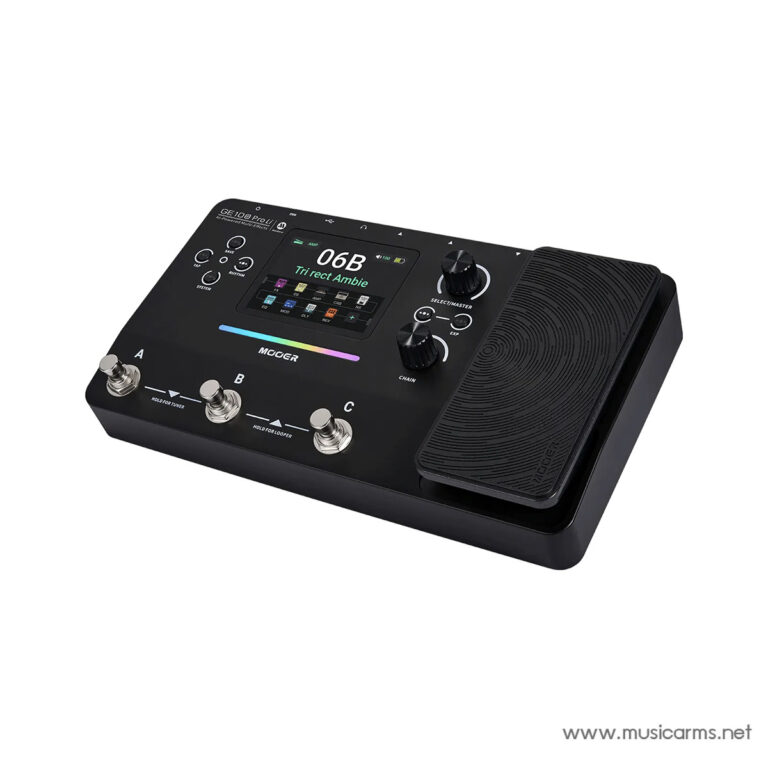 Black multi‑effects guitar pedal with A/B/C footswitches, a central display, and a large expression pedal on the right ขายราคาพิเศษ