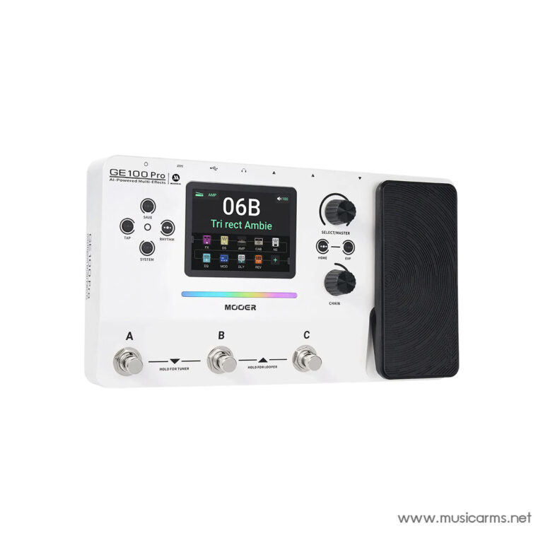 White guitar multi-effects processor (GE100 Pro) with a color touchscreen, three footswitches labeled A–C, and a large right-side expression pedal, for floor use by guitarists. ขายราคาพิเศษ
