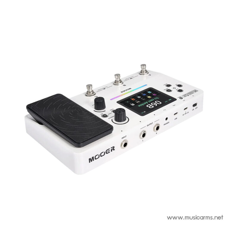 White Mooer multi-effects guitar pedal with large expression pedal and LCD screen, shown at an angle on a white surface, with footswitches and knobs visible ขายราคาพิเศษ