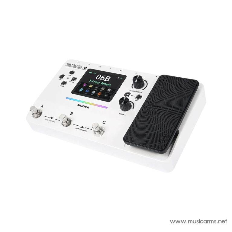 White guitar multi-effects pedal with a color touchscreen, two knobs, and a large right-side expression pedal. ขายราคาพิเศษ