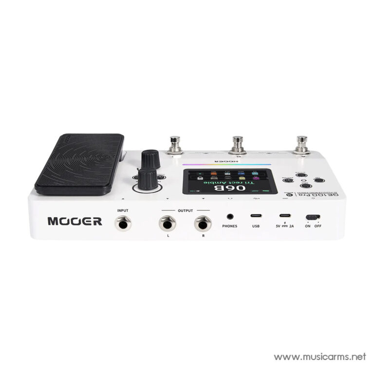 White Mooer guitar multi-effects unit with expression pedal on the left and a color display on top; front panel shows input, output, headphones, USB and power ports, on/off switch. ขายราคาพิเศษ