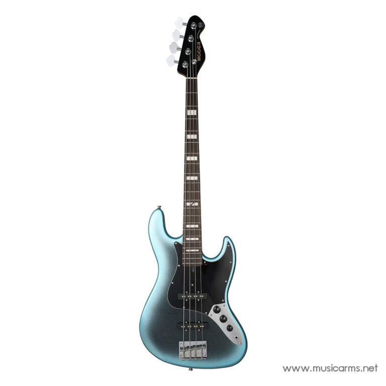 Turquoise metallic electric bass guitar with a black pickguard and chrome hardware on a white background. ขายราคาพิเศษ