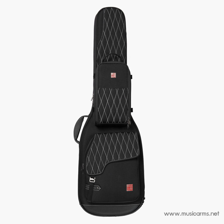 Black quilted guitar case with front pockets and carrying handle, designed for an electric/acoustic guitar. ขายราคาพิเศษ