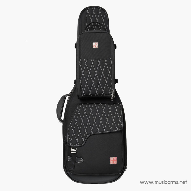 Black guitar case with diamond-quilted panels, top pocket, and red logo patches. ขายราคาพิเศษ