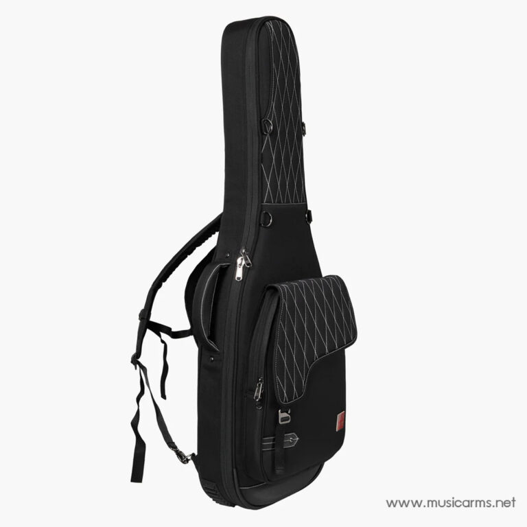 Black padded guitar case with quilted diagonal stitching and front pocket on a white background (informative product image). ขายราคาพิเศษ