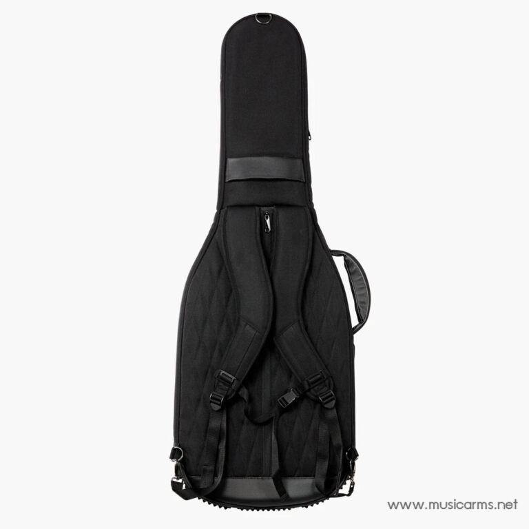 Black guitar case with padded sides, backpack-style straps, and a top handle for carrying a guitar upright. ขายราคาพิเศษ