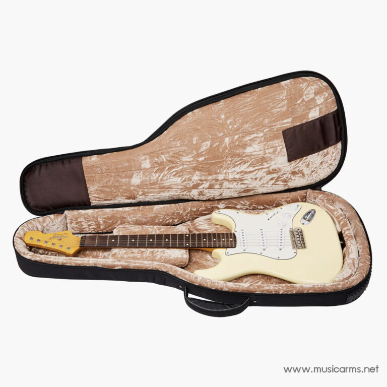 Cream-colored Stratocaster electric guitar inside a plush, brown velvet-lined case, neck resting along the case bottom. ขายราคาพิเศษ