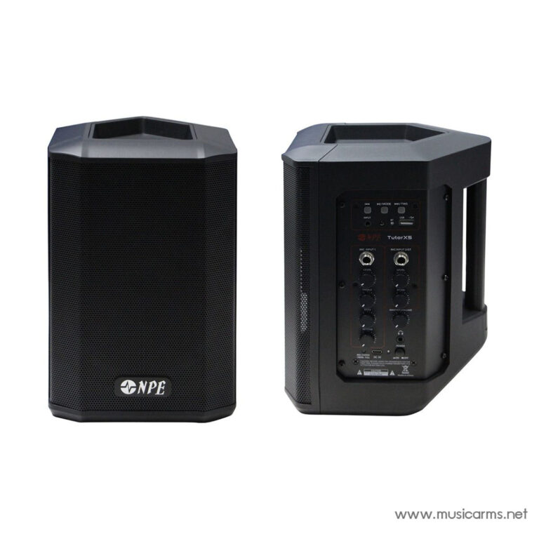 Two black portable speakers shown from front and back; front grille visible on the left, back panel with controls on the right. ขายราคาพิเศษ