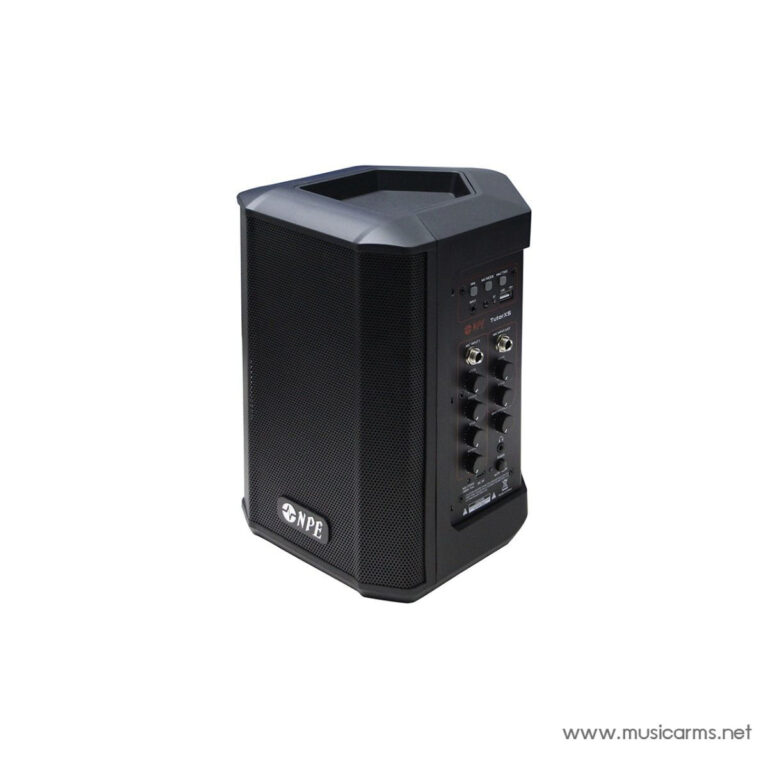 Portable black PA speaker with control panel on the right side, featuring knobs, input jacks, and a handle at the top edge (musicarms.net). ขายราคาพิเศษ