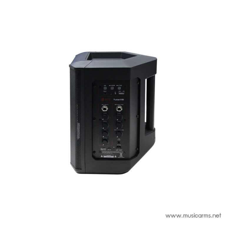 Black portable speaker with a side control panel and top handle, shown at an angle on a white background, ready for live sound. ขายราคาพิเศษ