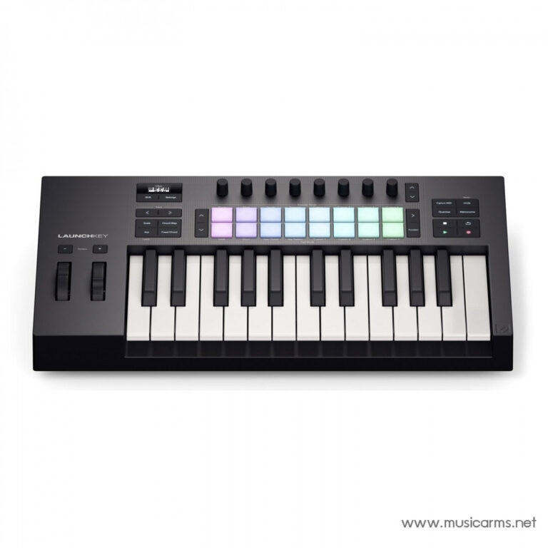 Launchkey MIDI keyboard controller featuring 25 keys, colorful pad array, and knobs on a dark rectangular chassis. ขายราคาพิเศษ