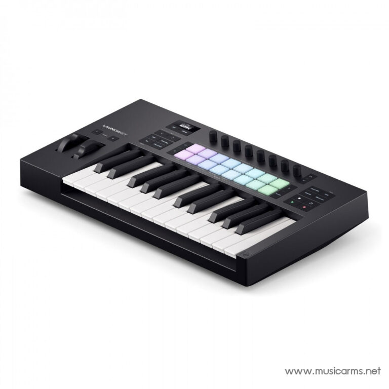Black MIDI keyboard controller with colored pad banks, knobs, and faders for music production (Launchkey-style). ขายราคาพิเศษ