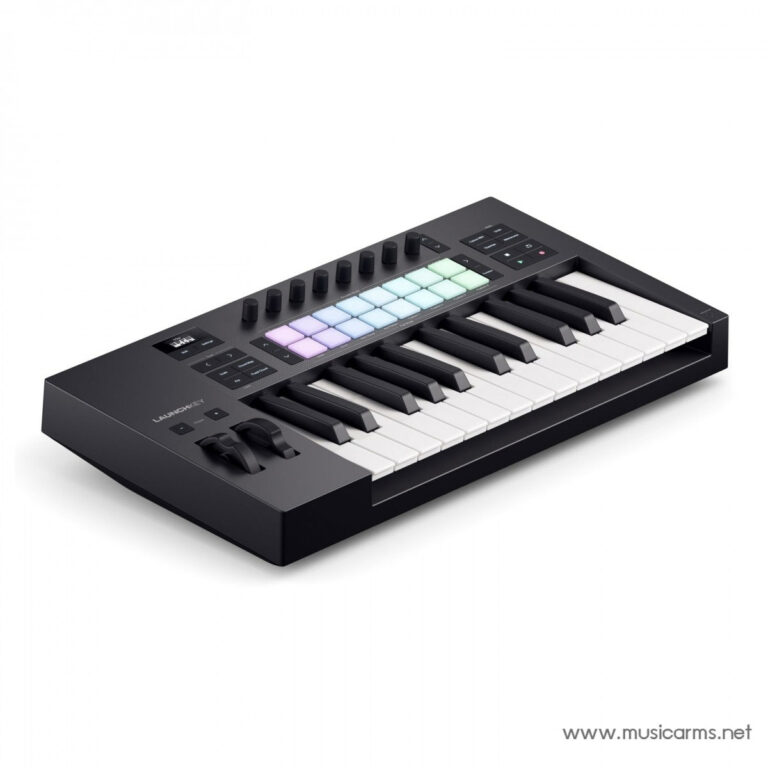 MIDI keyboard controller with colorful performance pads and knobs, angled view on black body. ขายราคาพิเศษ