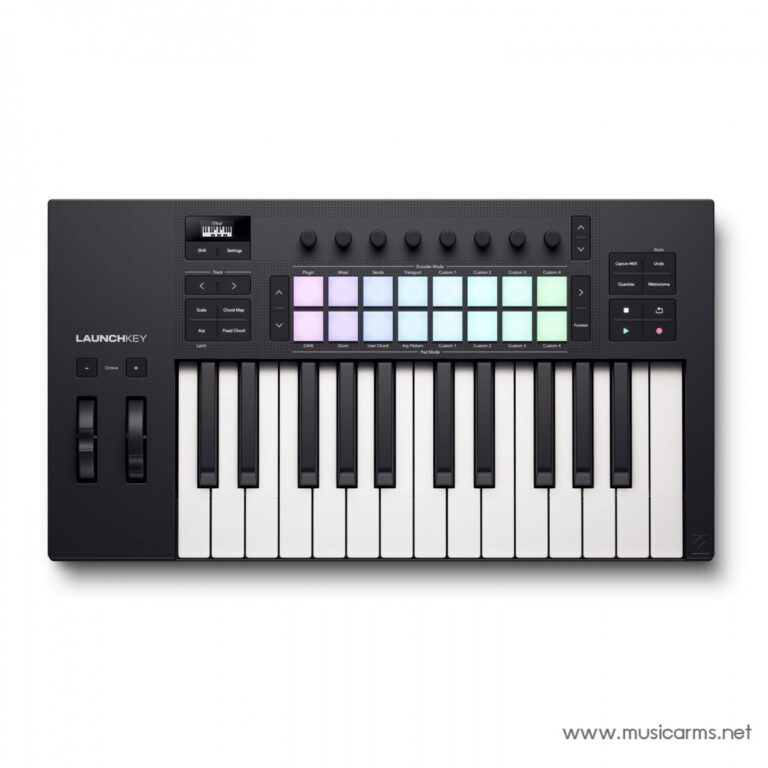 MIDI keyboard controller with 25 keys, colorful pads, and control knobs viewed from above, brand 'Launchkey' visible on the left side. ขายราคาพิเศษ