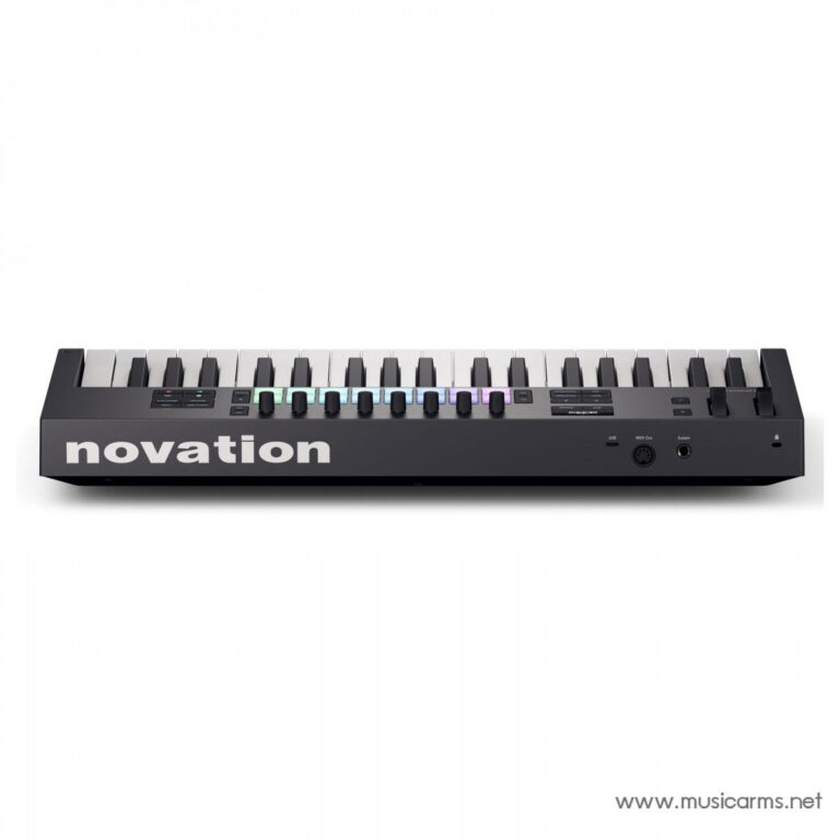Novation synthesizer keyboard with white keys, colorful performance pads, and control knobs on a dark chassis, photographed from the side on a white background. ขายราคาพิเศษ